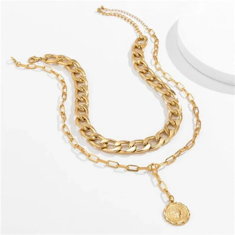 Women Gold Boho Cuban Chunky Necklace Layered Paperclip Chain with Coin Pendant - Picture 2 of 7